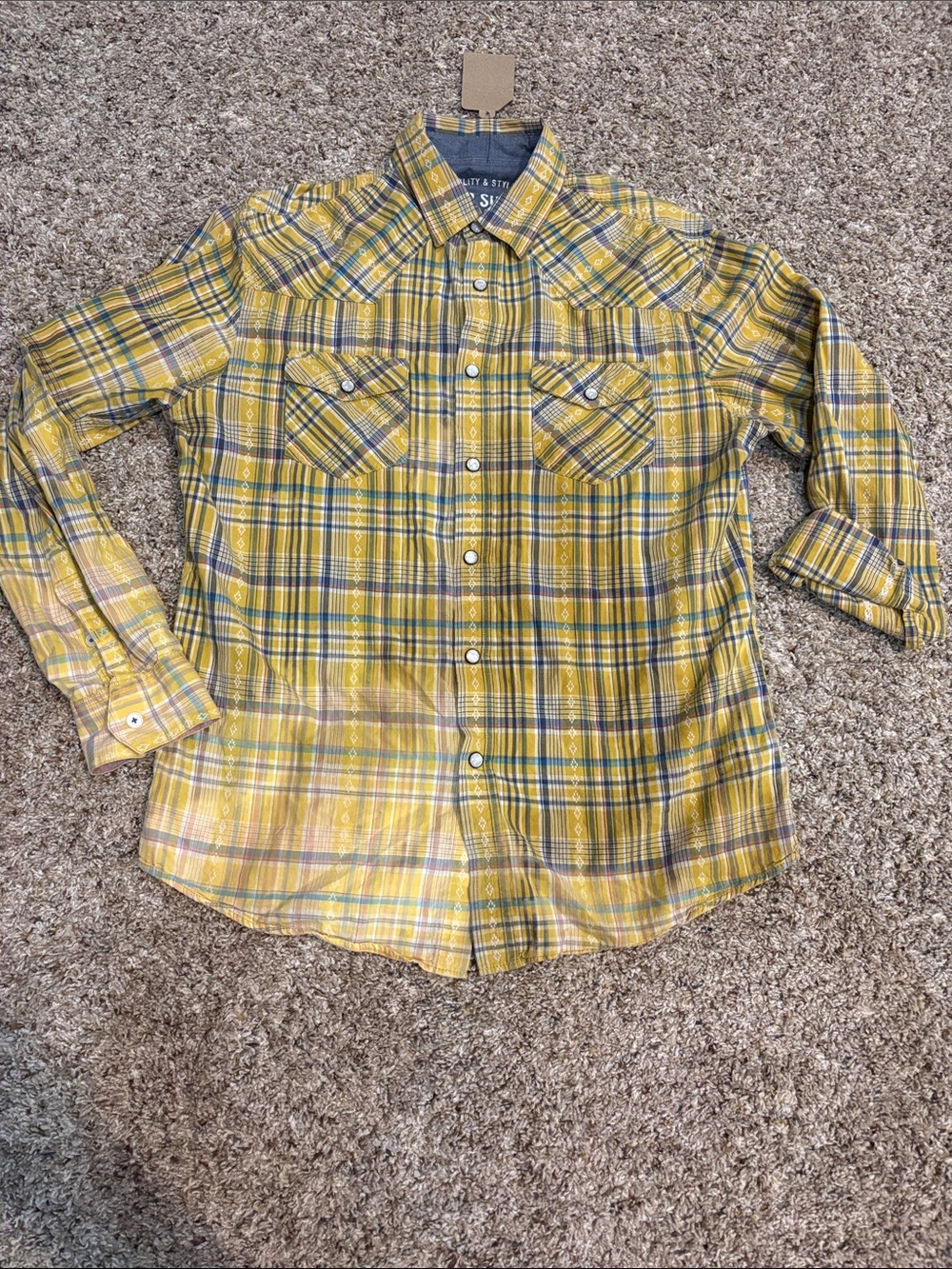 Mossimo Supply Co. Yellow & Blue Plaid Pearl Snap-Front Button Down Shirt